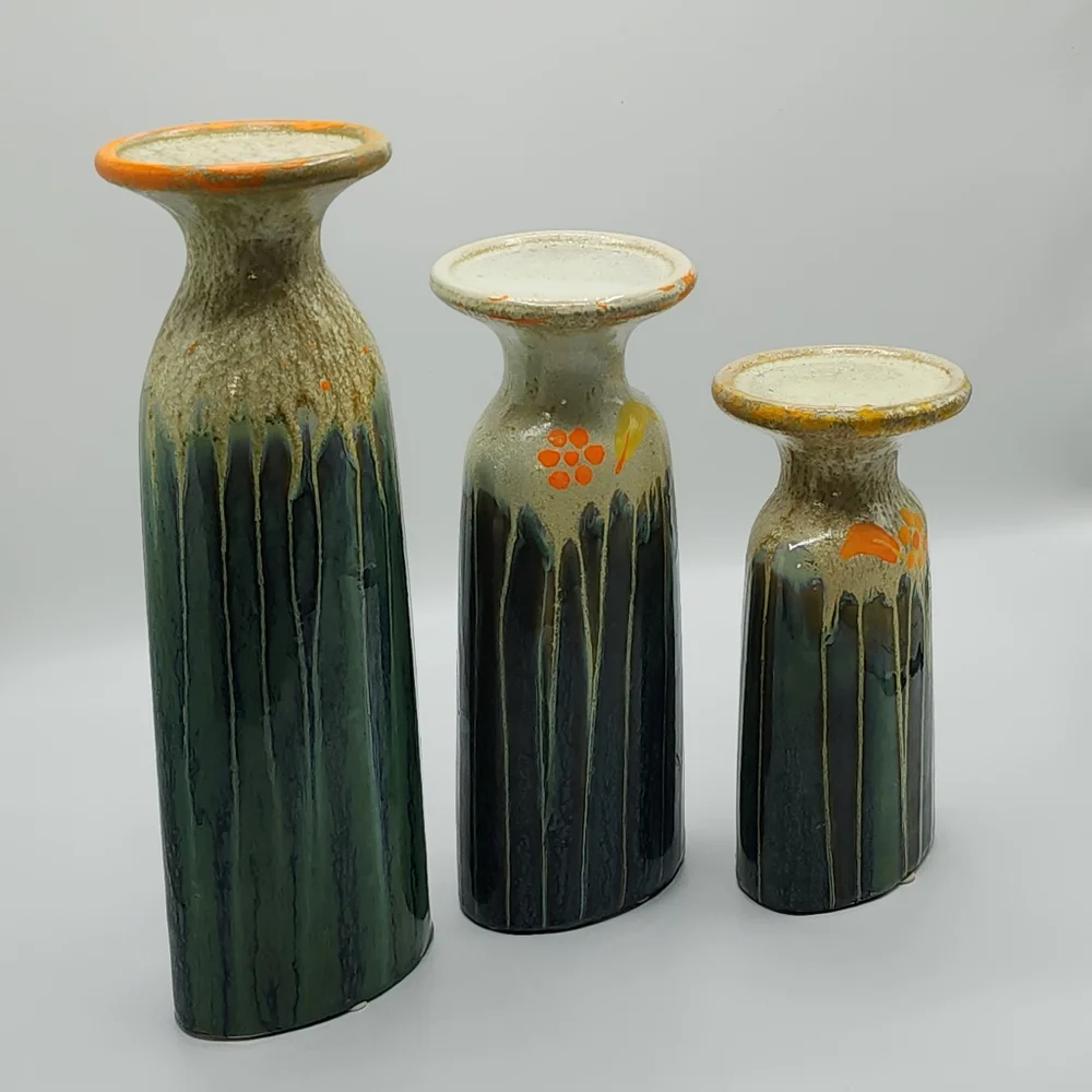 Apropos Set of 3 Vintage Ceramic Green Glazed Pillar‎ Candle Holder